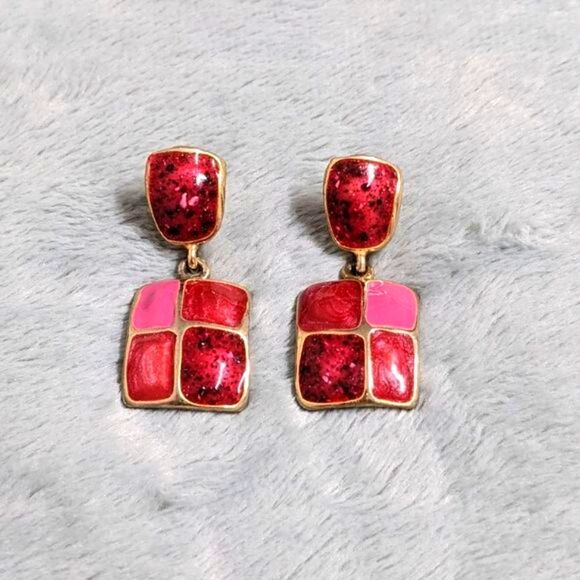 Vintage 1980's Pink & Gold Square Enamel Pierced Earrings - Picture 1 of 9